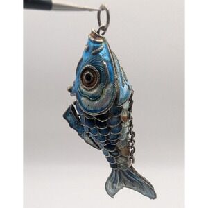 Silver Tone Enamel Colisonne Pendant Blue Articulated KOI 2.25in Vintage READ